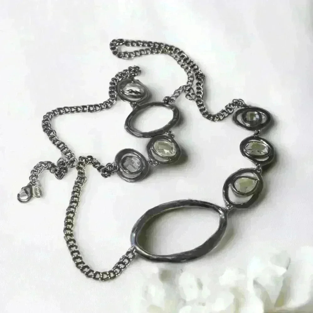 Gypsy Boho Chico's Chain Necklace gunmetal Tone Rhinestone tassel up to 42"